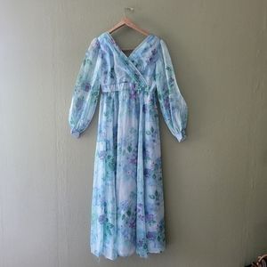Vintage 1970s ILGWU Maxi Dress Blue Floral Chiffon Ruffle Boho Hippie Size S/M